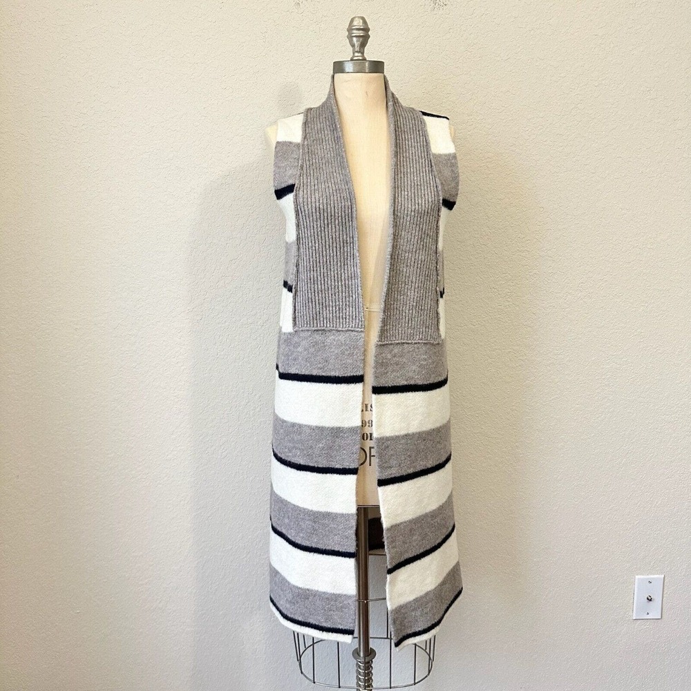 ANTHROPOLOGIE Pencey Long Stripe Open Vest in Grey White Navy